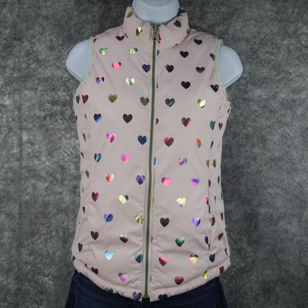 Gap Puffer Vest Girls L/XL Womens XS Off White Pink Metallic Iridescent Heart - Picture 2 of 12